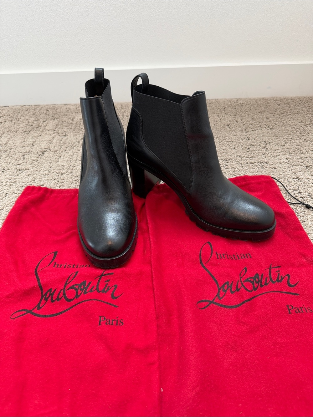 Christian Louboutin Marchacroche Black Leather Chelsea Ankle Booties Sz 38.5